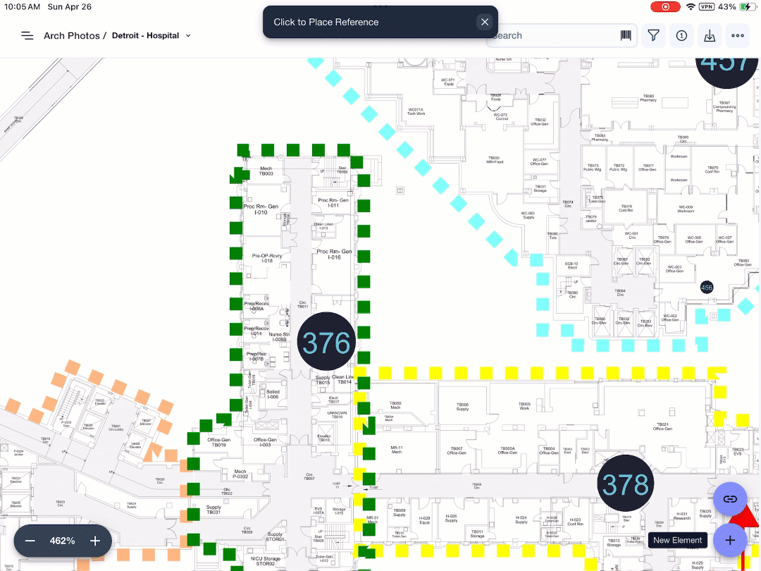 Animated graphic showing how a facility conditions photo taken on site can be quickly geo-located and commented on in the facility assessment app