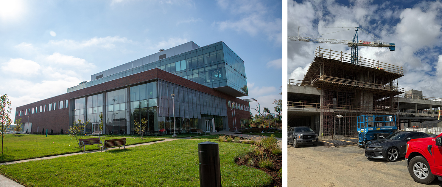 Exterior photos of the University of Louisville engineering building during and after construction.