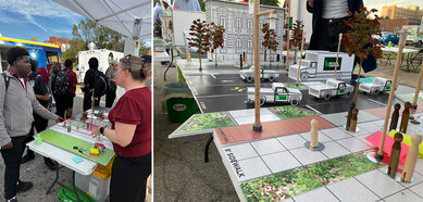 Photos of on-site community engagement using interactive 3-D models to highlight design recommendations