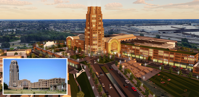 Before photo with proposed rendering of Buffalo, NY's Central Terminal redevelopment