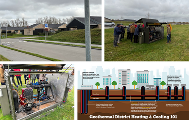 Three photographs of a Danish neighborhood served by an ambient loop geothermal network and a diagram showing how those networks operate