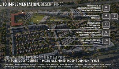 Aerial perspective rendering of Desert Pines development in East Las Vegas notated with housing and livability benefits