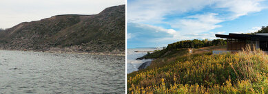 Before and after photos showing the dramatic transformation of a former brownfield site and eroding bluff to a beautifully restored lakefront park