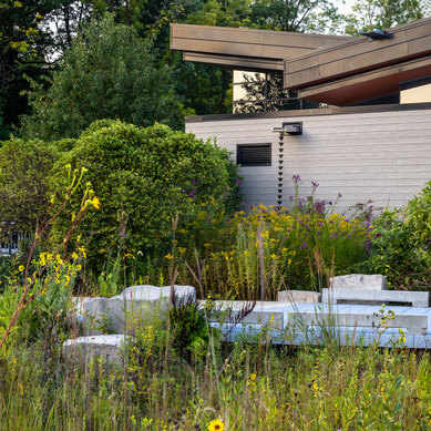 Photo of the rainwater capture and rain garden design at West Park, Carmel, Indiana