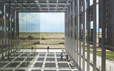 Image of innovative solar energy infrastructure shading a building entrance at UC Merced