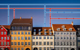 Photo of Copenhagen historic residential buildings with graphic overlay of district energy network connections