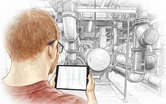 Photo of an engineer conducting a facilities assessment rendered as a design sketch