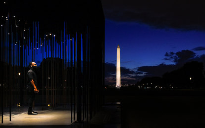 Society's Cage Installation nighttime Washington monument architecture Cultural SmithGroup