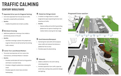 Labelled diagram of proposed traffic calming and safety improvements for Century Boulevard