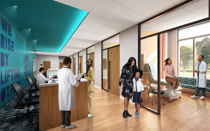 Interior rendering of healthcare clinical space for Racine's MLK Community Center and Health Center